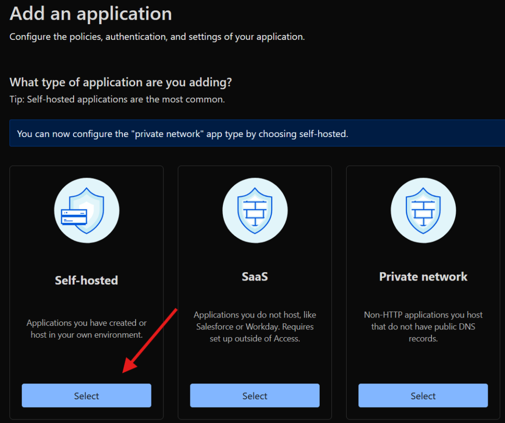 Selecting the ‘Self-hosted’ option when adding an application in Cloudflare Access.
