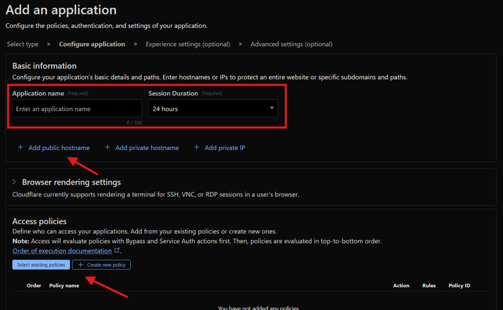 Inserimento del nome applicazione, durata sessione, aggiunta dell'hostname pubblico e creazione di una policy in Cloudflare Access.