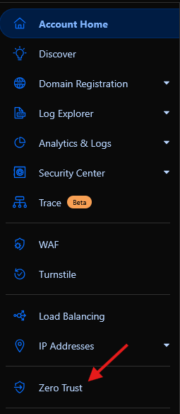Menu laterale di Cloudflare Zero Trust con una freccia che indica la voce "Zero Trust".