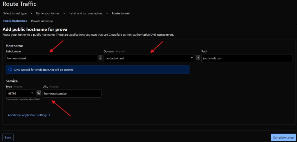 Configura tunnel Cloudflare verso dominio pubblico.