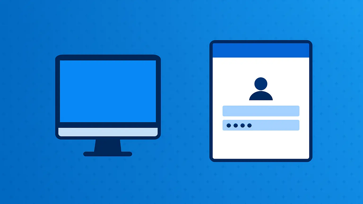 Illustration with a single-colour background depicting a computer and a login interface with a login form.